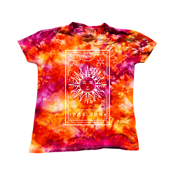 The sun Tarot Card  relaxed Fit Ladies Tiedye T-shirt- Infused With Tigers Eye