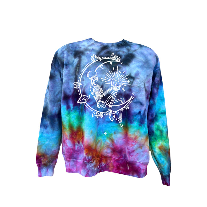 Tie-Dye Skeleton Moon child crew neck sweater infused with moonstone and labradorite