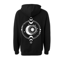 Load image into Gallery viewer, Moon Recharge Glow in the dark black mid-weight Unisex hoodie infused with Moonstone, Labradorite &amp; Amethyst
