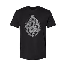 Load image into Gallery viewer, Crystal Hamsa Unisex T-Shirt - Printed with Obsidian infused ink
