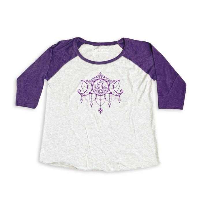 Triple Moon Purple glitter Curvy Collection Women's Baseball Three-Quarter Sleeve infused with Moonstone