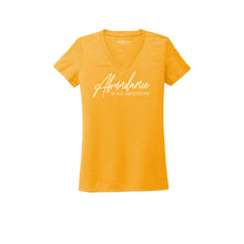 Load image into Gallery viewer, Abundance Ladies Recycled Tri-Blend V-neck T-Shirt Infused with Citrine and Clear Quartz

