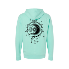 Load image into Gallery viewer, Crescent Moon Midweight Unisex  Hoodie - Infused with Moonstone, Tourmaline &amp; Labradorite
