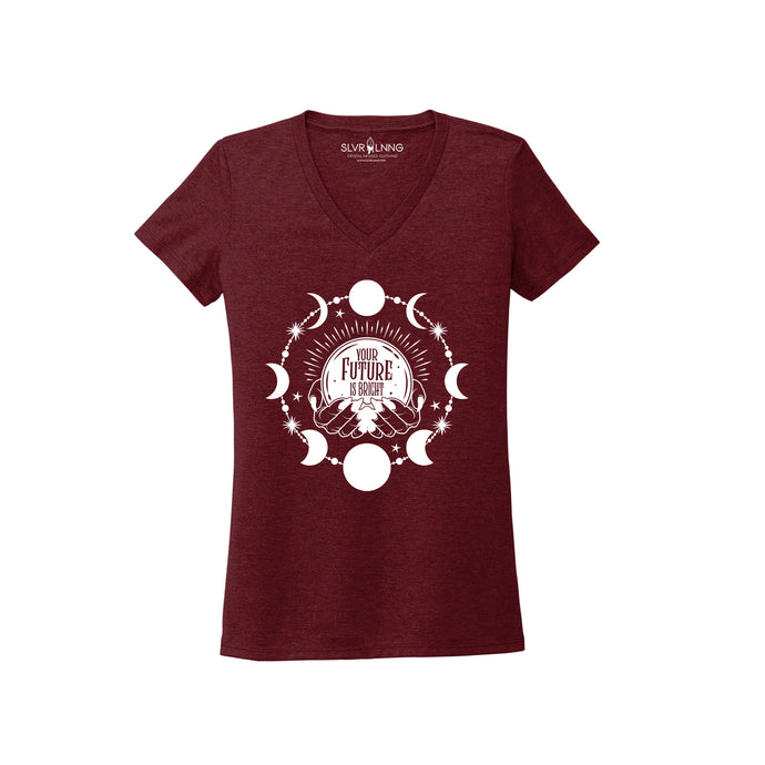 Crystal Ball Ladies V-neck T-Shirt Infused with Clear Quartz