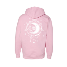 Load image into Gallery viewer, Pink Crescent Moon Midweight Unisex  Hoodie - Infused with Moonstone, Tourmaline &amp; Labradorite
