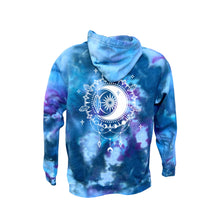Load image into Gallery viewer, Purple Glow in the dark tie-dye Crescent Moon Midweight Unisex  Hoodie - Infused with Moonstone, Tourmaline &amp; Labradorite

