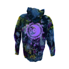 Load image into Gallery viewer, Purple &amp; Yellow Tie-dye Glow in the dark Crescent Moon Midweight Unisex  Hoodie - Infused with Moonstone, Tourmaline &amp; Labradorite
