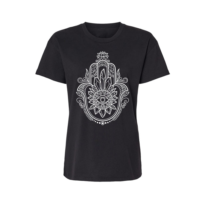 Crystal Hamsa Relaxed Fit Ladies T-Shirt - Infused with Obsidian, Tigers Eye & Amethyst