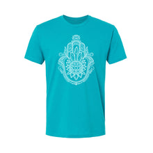 Load image into Gallery viewer, Crystal Hamsa Unisex T-Shirt - Printed with Obsidian infused ink
