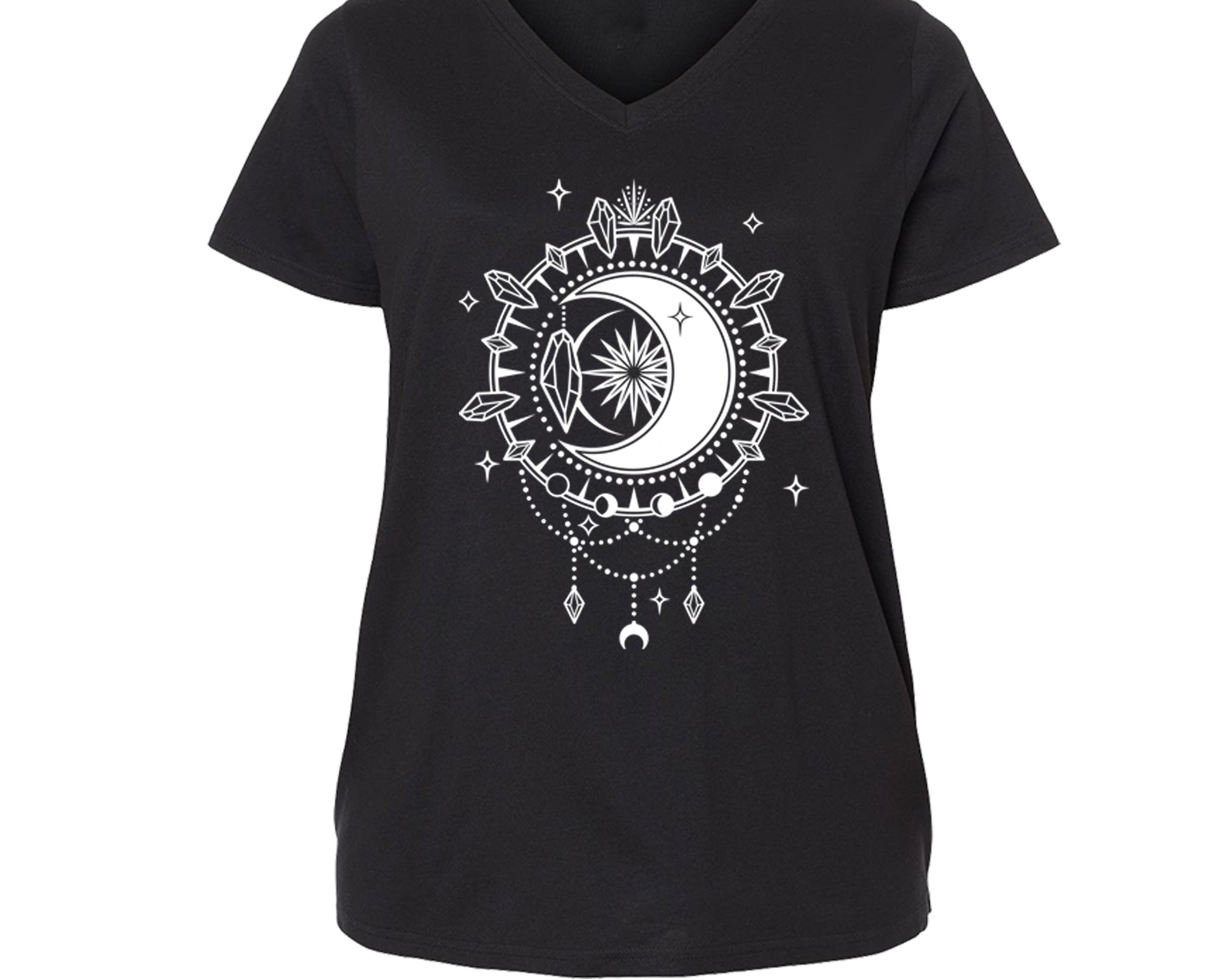 Crescent Moon Curvy V Neck Shirt - Infused with Moonstone, Tourmaline & Labradorite - SLVR LNNG
