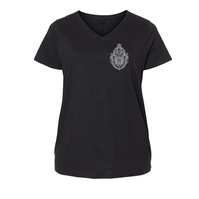 Crystal Hamsa Ladies Curvy V neck T-Shirt Infused with |Obsidian, Amethysts & Tigers eye - SLVR LNNG