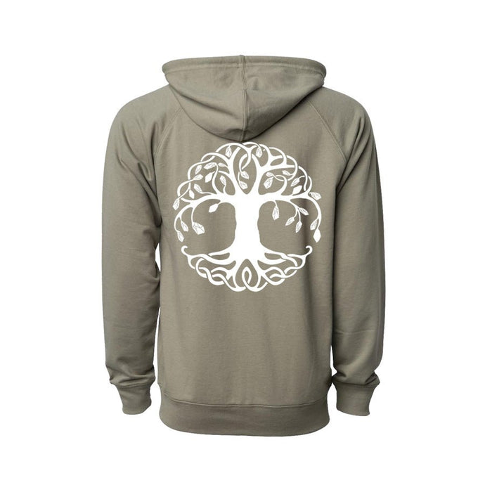 Crystal Tree Of Life Olive Lightweight Zip Up Hoodie infused with Carnelian, Amethyst, Obsidian and Topaz - SLVR LNNG