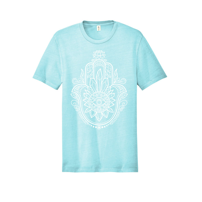 Crystal Hamsa Unisex Mineral Dye Organic Cotton T-shirt - Infused with Obsidian, Tigers Eye & Amethyst