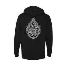 Load image into Gallery viewer, Crystal Hamsa Midweight Unisex Hoodie Infused with Amethyst, Tigers eye &amp; Obsidian
