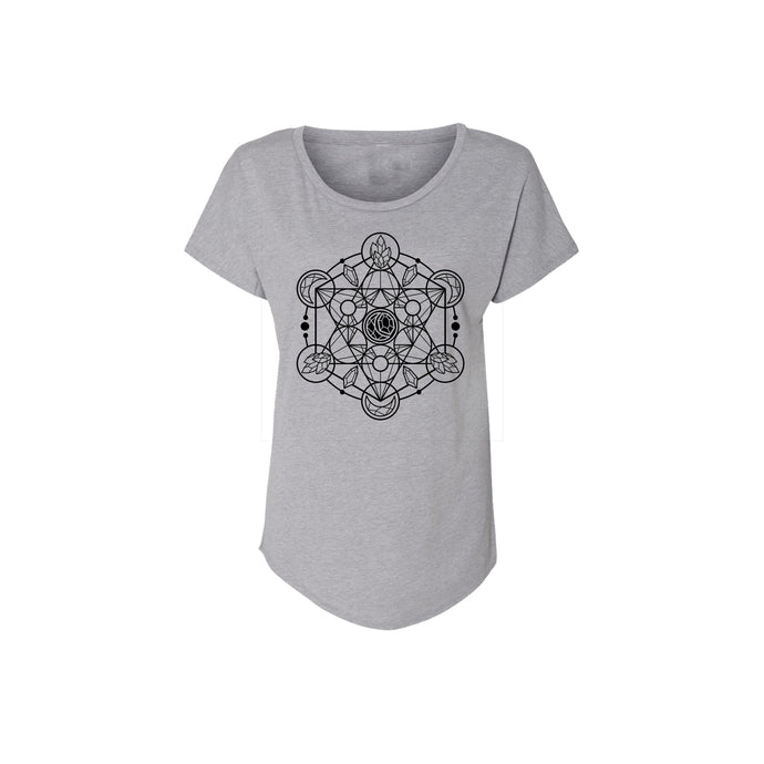 Metatron's Cube Ladies Flowy Style T-shirt Infused with Amethyst, Moonstone & Labradorite Crystals - SLVR LNNG
