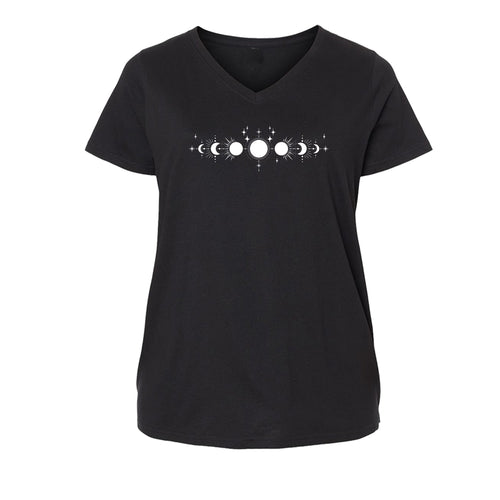 Moon Phase Curvy V Neck T-Shirt Infused with Moonstone, Amethyst and Labradorite - SLVR LNNG
