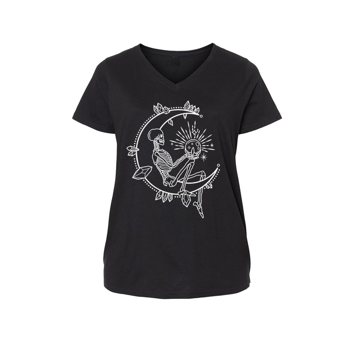 Skeleton Moon Child Ladies Curvy V-neck T-shirt Infused with Moonstone & Labradorite - SLVR LNNG