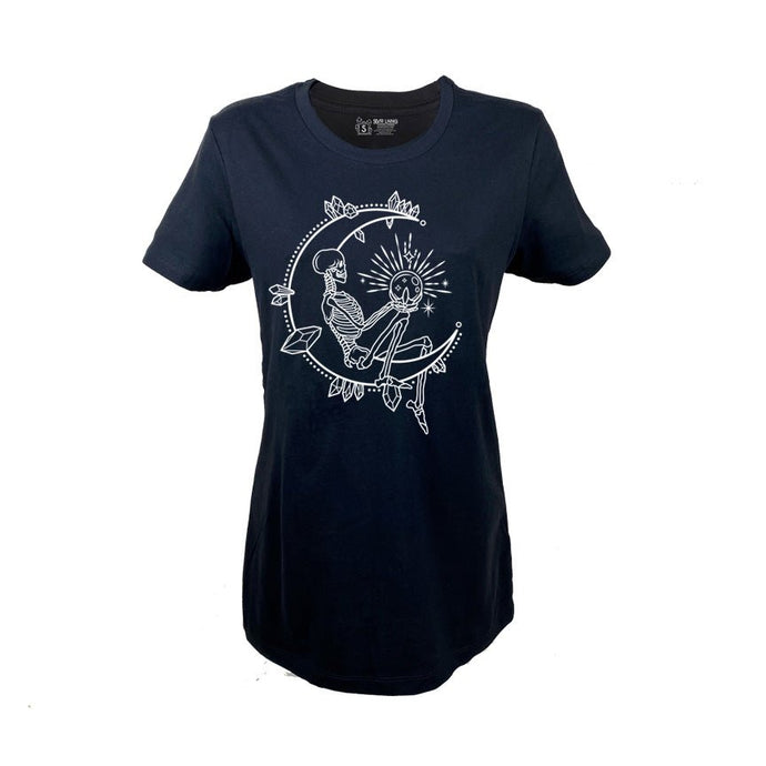 Skeleton Moon Child Ladies Slim Fit T-shirt Infused with Moonstone & Labradorite - SLVR LNNG